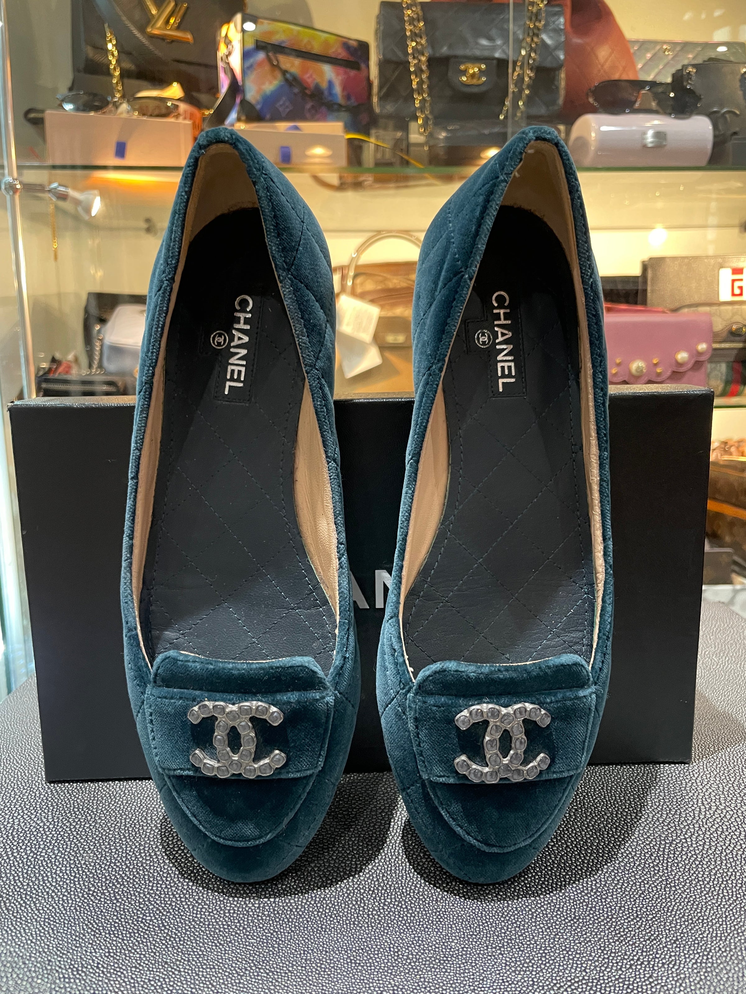 Chanel Blue Velvet Quilted Flats