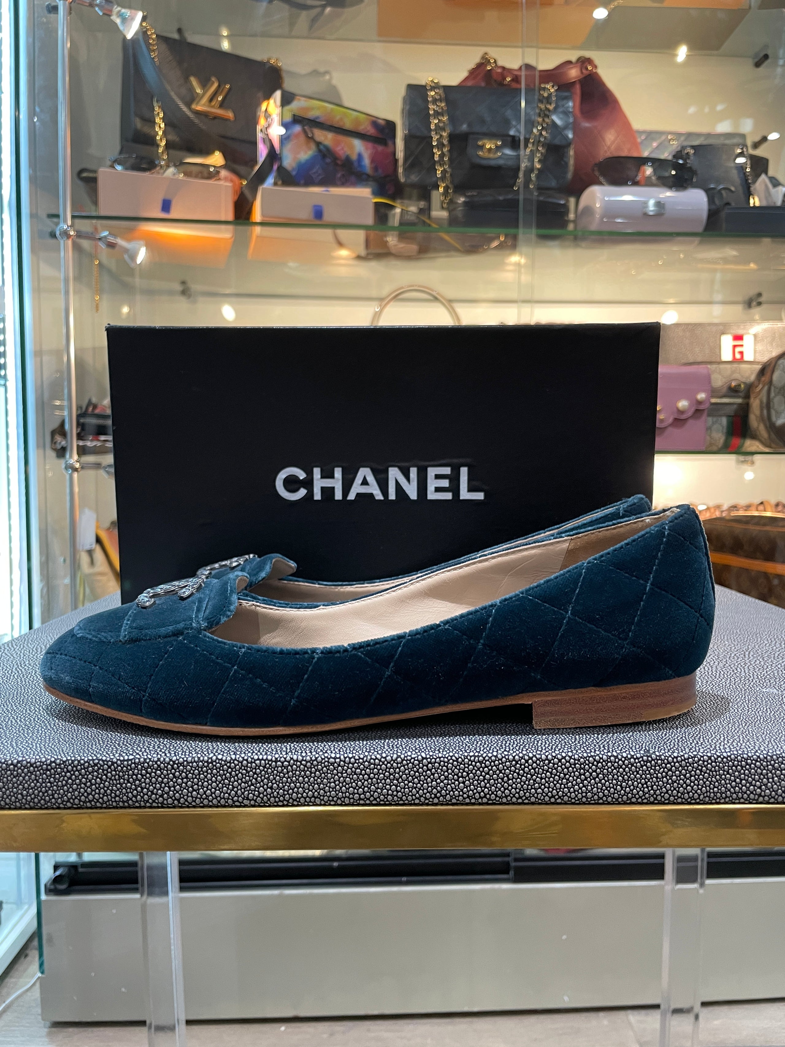 Chanel Blue Velvet Quilted Flats